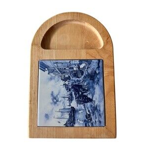 Vintage Delft Blue Tile Cutting Board | Dutch Wooden Serving Trivet | Ter Steege